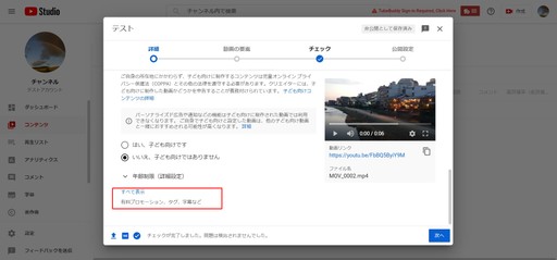 You Tubeのアップロード：その他の項目